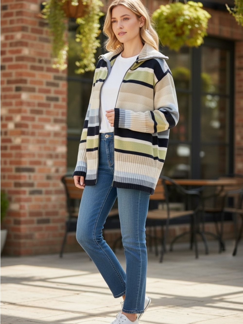 Striped Full-Zip Women’s Sweater Jacket - Cream, Blue & Green